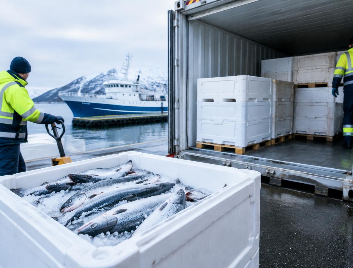 Isoporkasse med fersk laks på is foran en kjølecontainer som lastes med fiskekasser på kaia