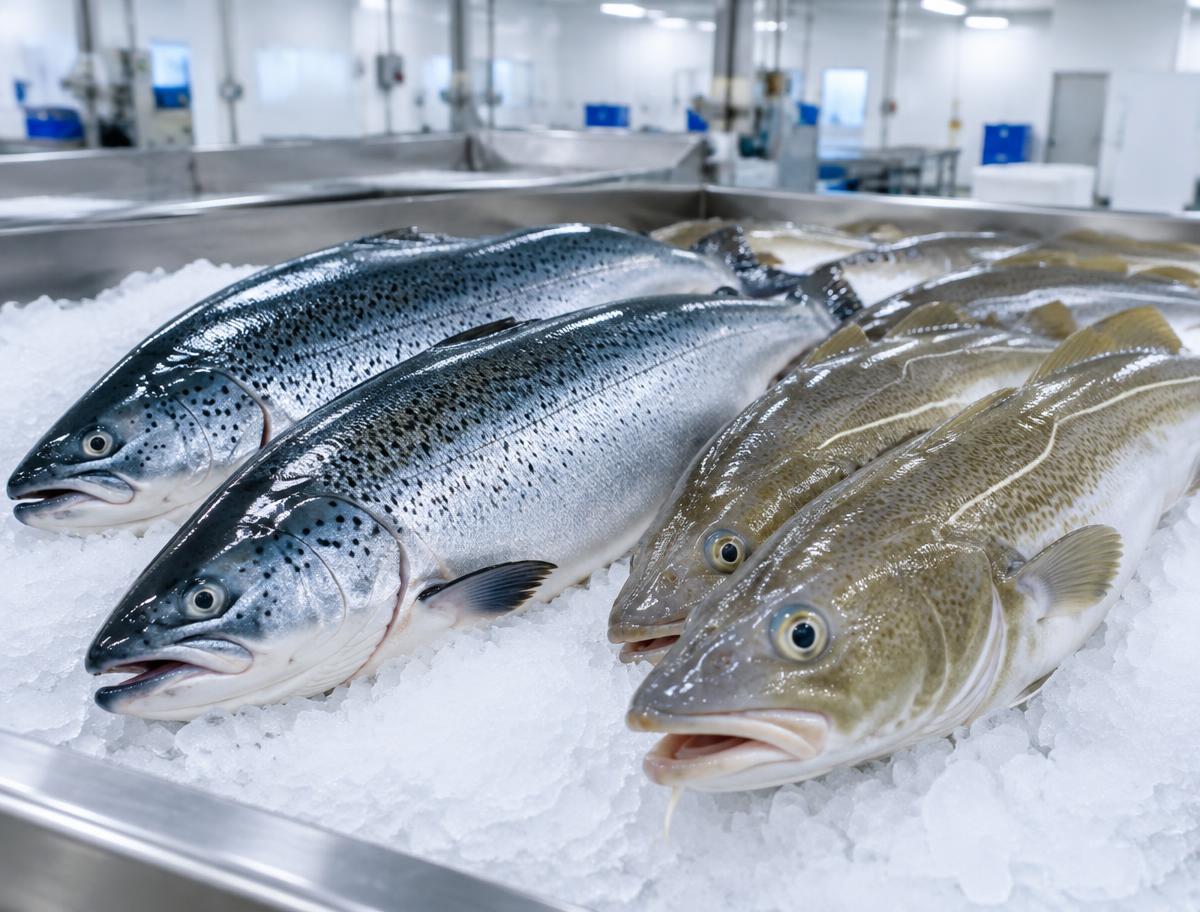 Hel laks og torsk på knust is i et produksjonslokale