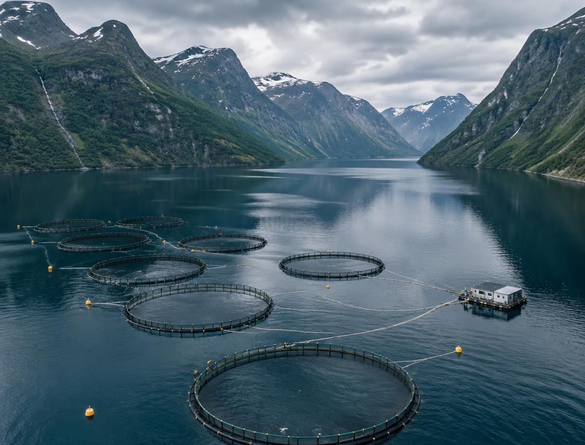 Sirkulære oppdrettsmerder for laks i en stille norsk fjord omgitt av bratte fjell, sett ovenfra